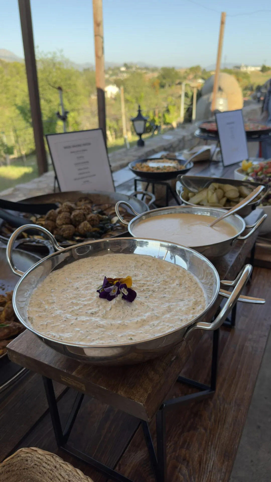 Catering buffet of fresh dishes laid out on the terrace with the Jamul valley in the background at Villa San Giovese