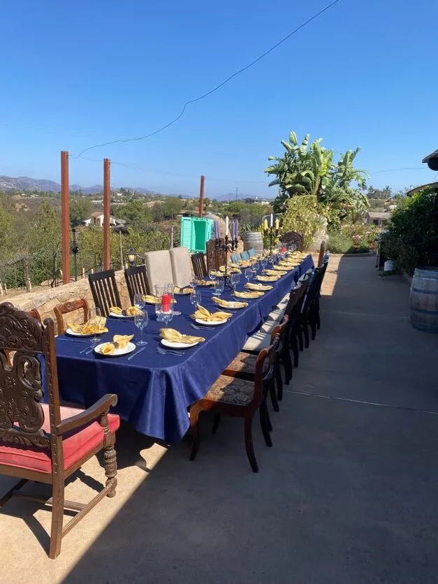 Long outdoor dining table set with blue linens and gold napkins on the patio at Villa San Giovese