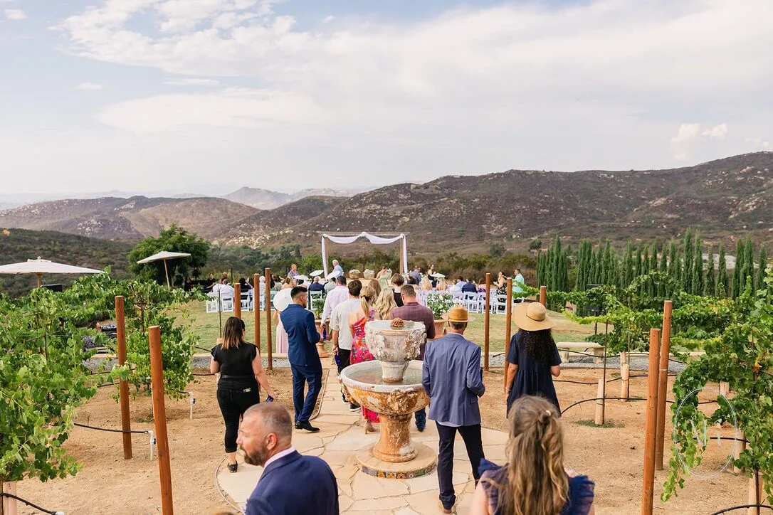 Guests walking through the vineyard courtyard past the stone fountain